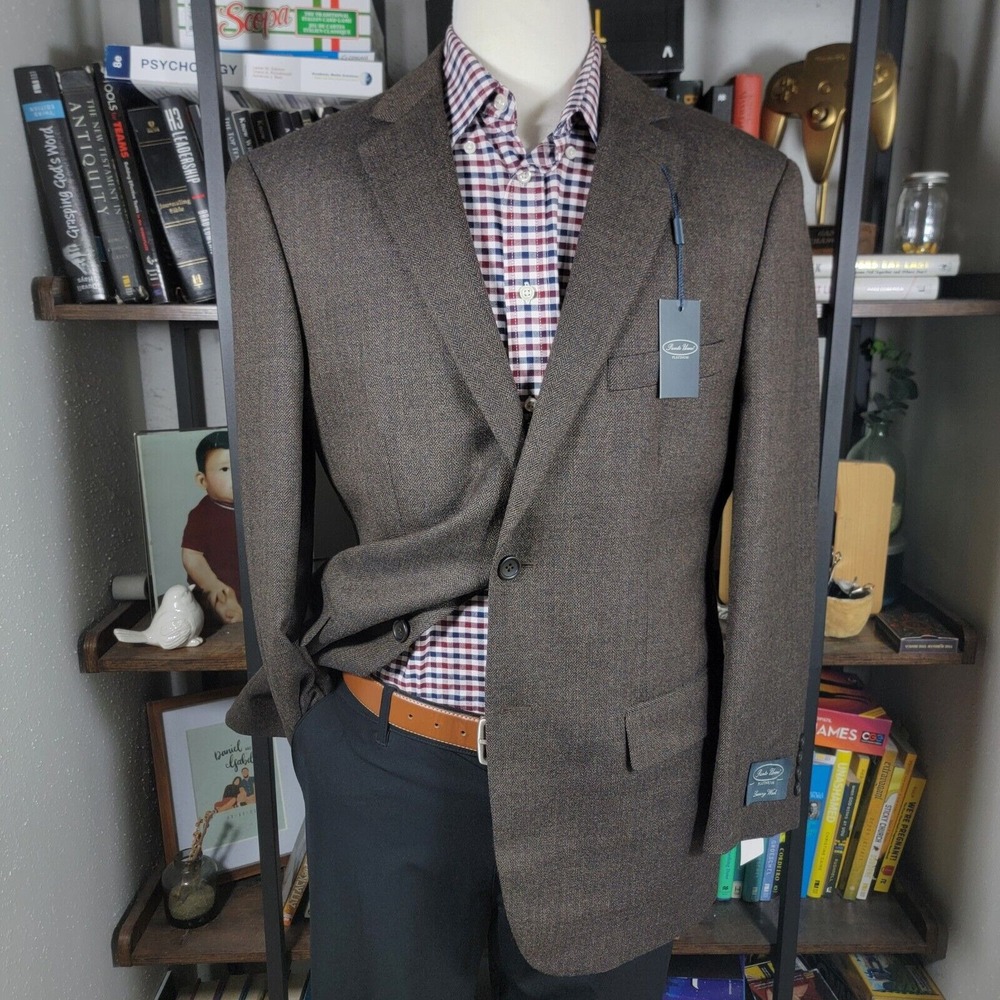 Pronto Uomo Platinum Mens Tweed Sport Coat Two Button Brown Herringbone Wool 42R